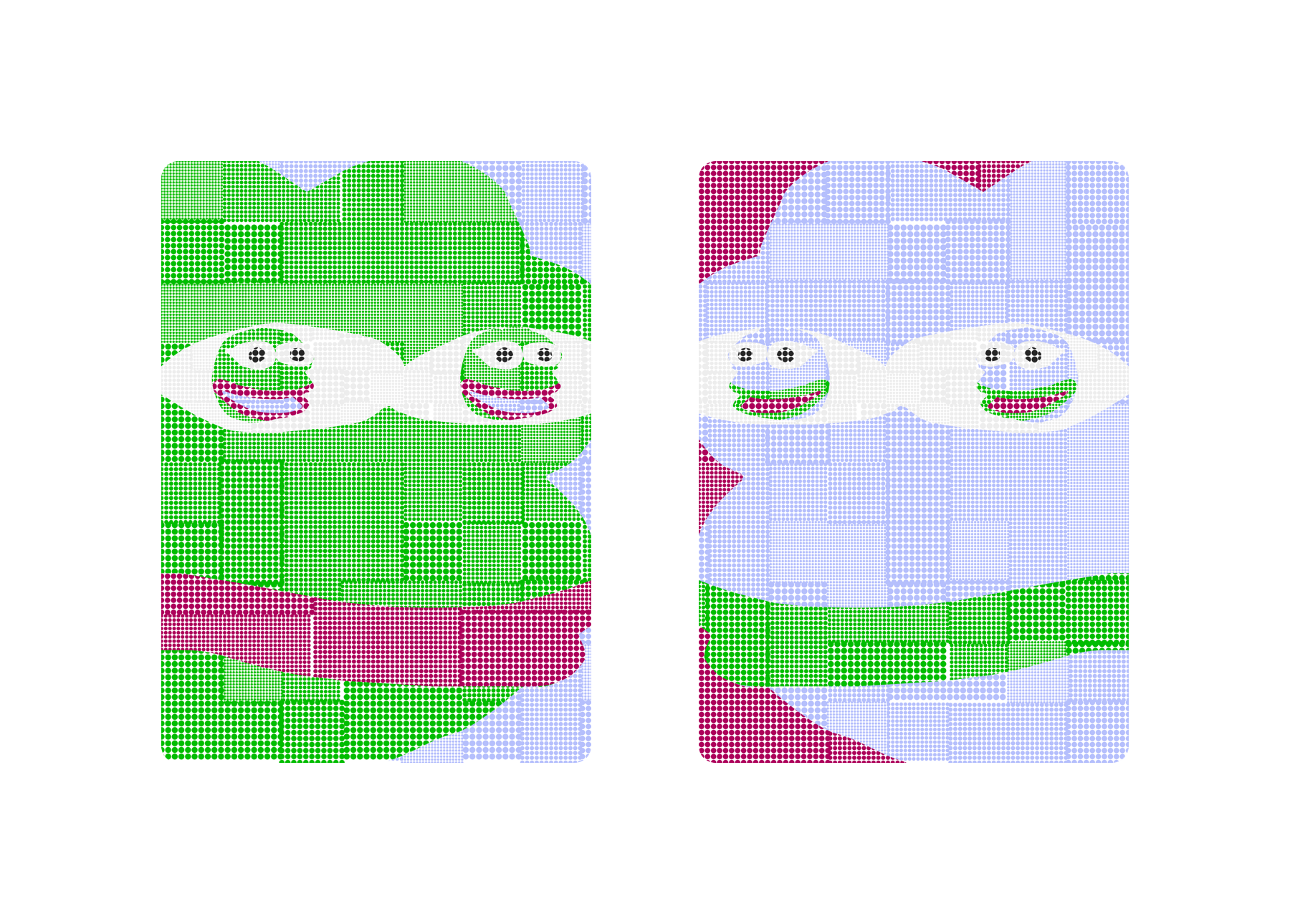 Diptych of stippled pepe cards.